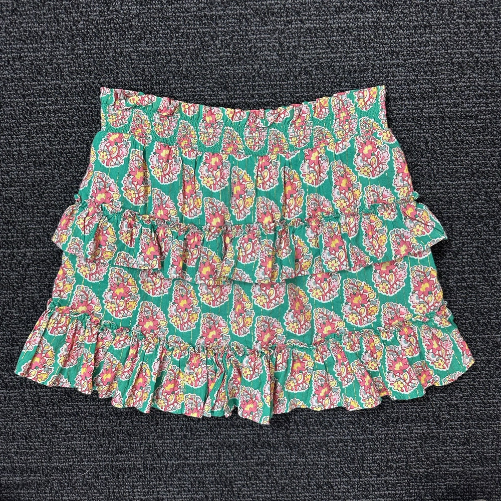 Mini Boden Green Pink Floral Tiered Skirt Ruffle Smocked Waist Girls Size 8-9 Y